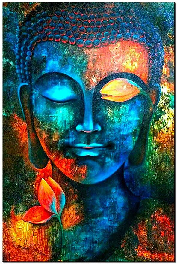 a painting of a buddha with blue eyes