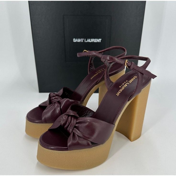 Saint Laurent Women's Bianca Node High Heel Platform Sandals Color: Wine Red Size: 38+ (Us 8.5) Retail: $1,050 Condition: Brand New In Box *Fits True To Size, Order Your Normal Size *Open Toe *Buckled Ankle Strap *Knot Detail At Toe Strap *5.5" Heel, 2" Platform, Feels Like 3.5" Heel *Leather Upper And Lining, Rubber Sole *Made In Italy Luxury Sandals With Wrapped Heel And Round Toe, Burgundy Open Toe Sandals For Evening, Burgundy Open Toe Sandals For Formal Occasions, Burgundy Open Toe Formal Sandals, Formal Burgundy Open Toe Sandals, Luxury Red Sole Open Toe Heels, Luxury Open Toe Heels With Red Sole, Party Leather Sandals With Red Sole, Party Sandals With Red Sole In Leather