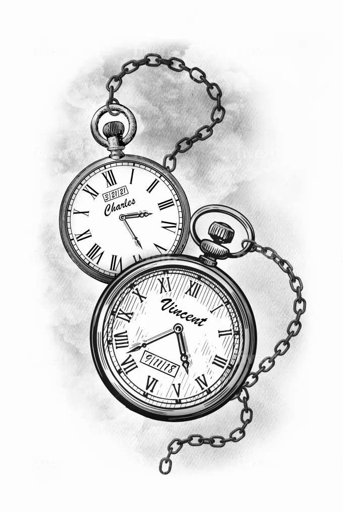 I will draw a tattoo design Pocket Watch Chain Tattoo, Pocket Watch With Chain Tattoo, Pocket Watch Chain Drawing, 3 Pocket Watch Tattoo Design, Stop Watch Tattoo Men, Clock Geometric Tattoo, Stop Watch Tattoo For Women, Clocks Tattoo Design, Chain Tattoo Stencil