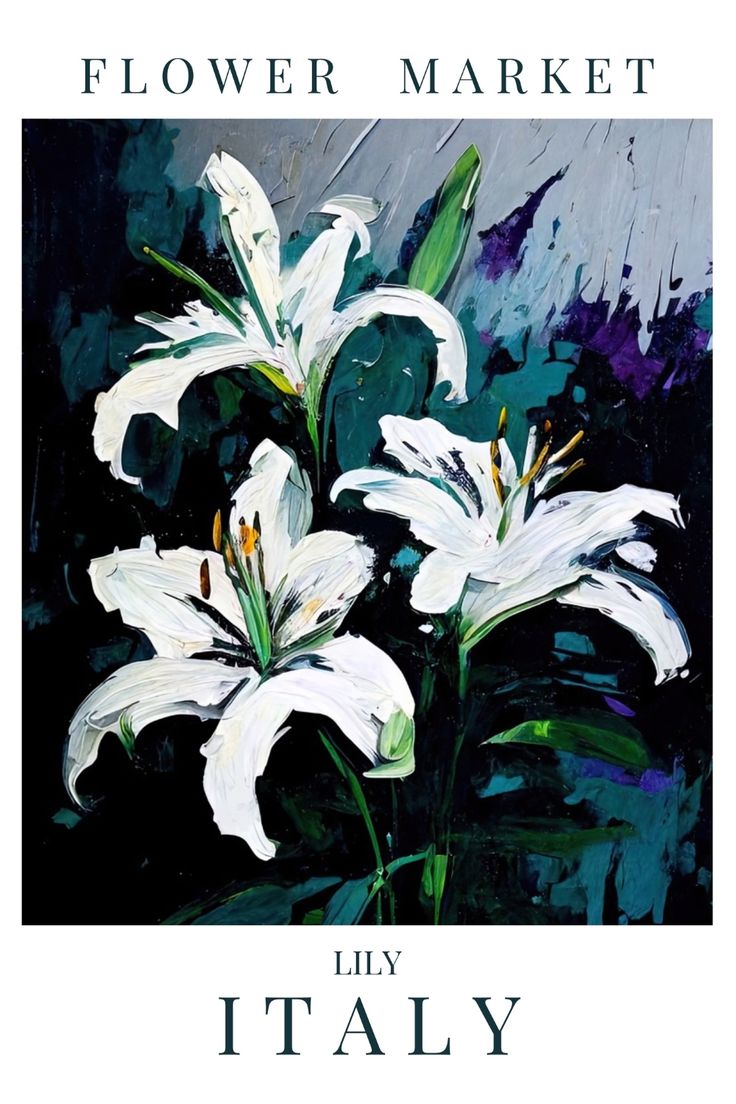 a painting of white lilies on a black background with the words flower market lily it's ally