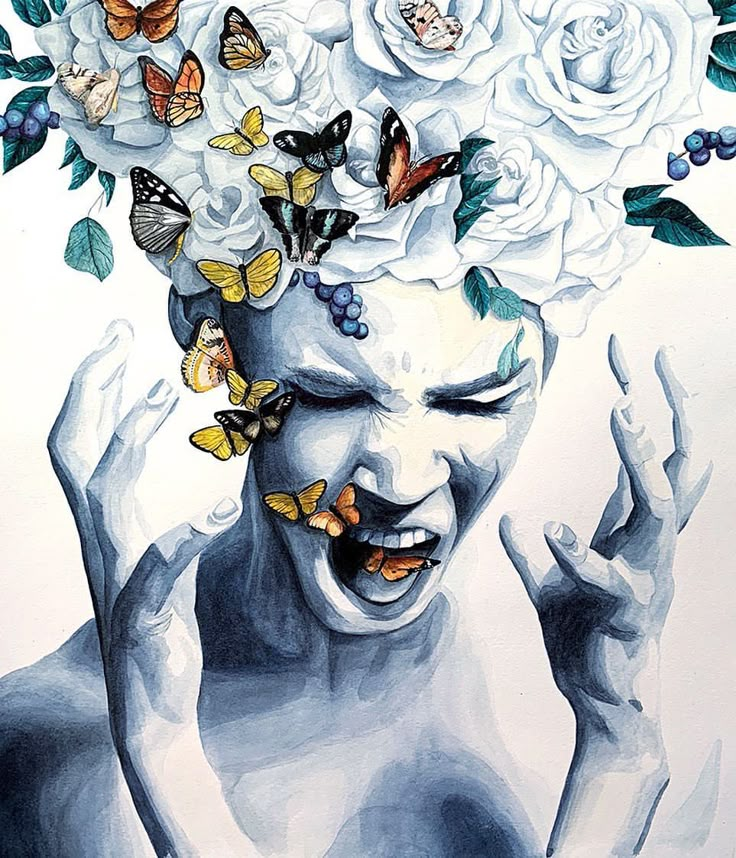 a painting of a woman with flowers on her head and butterflies flying around her head