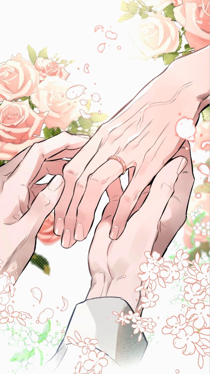 two hands holding each other in front of pink roses and white daisies on a floral background