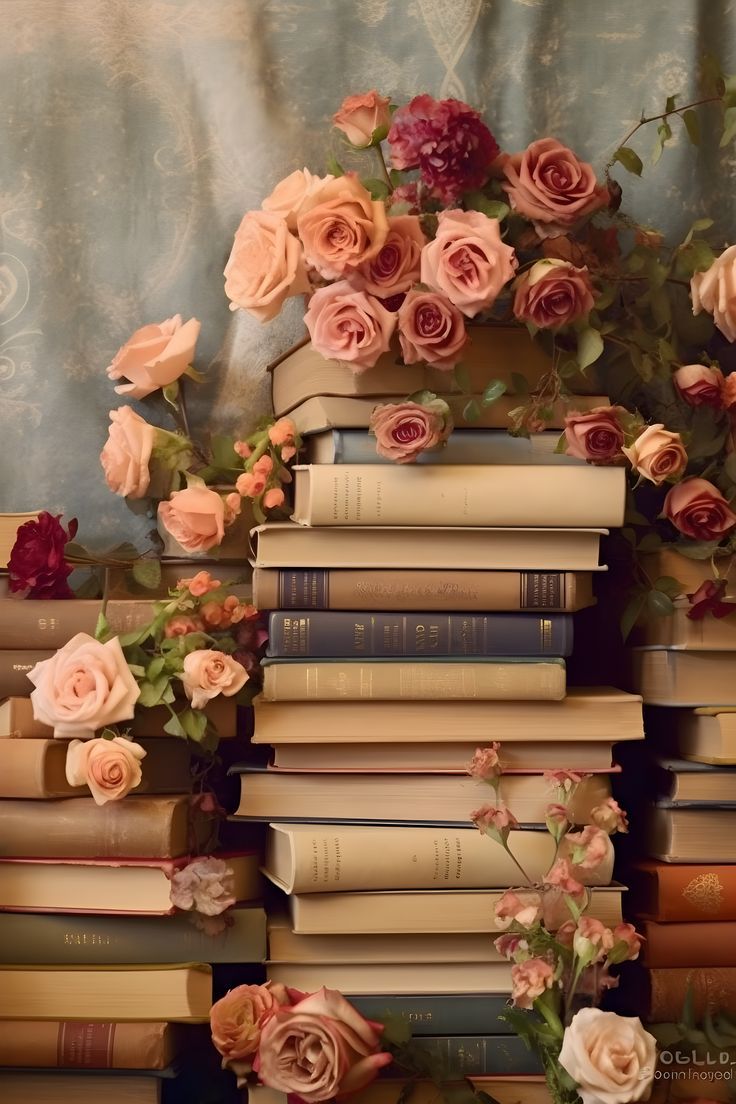 a stack of books with roses on top of them and some flowers in the middle