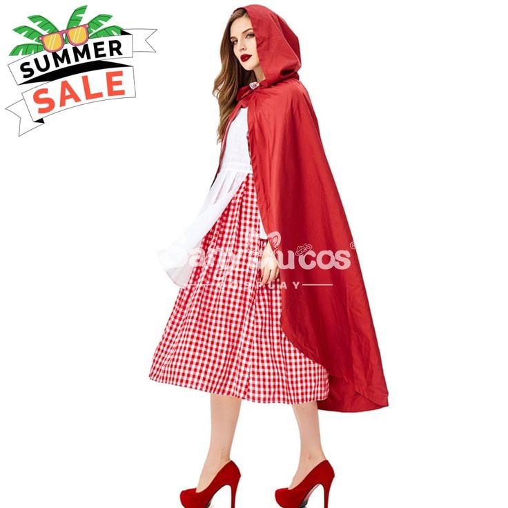 a woman in a red and white dress is wearing a hooded cape