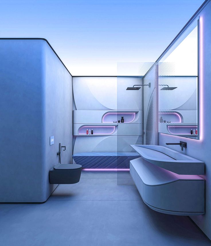 this is a futuristic bathroom with pink lighting