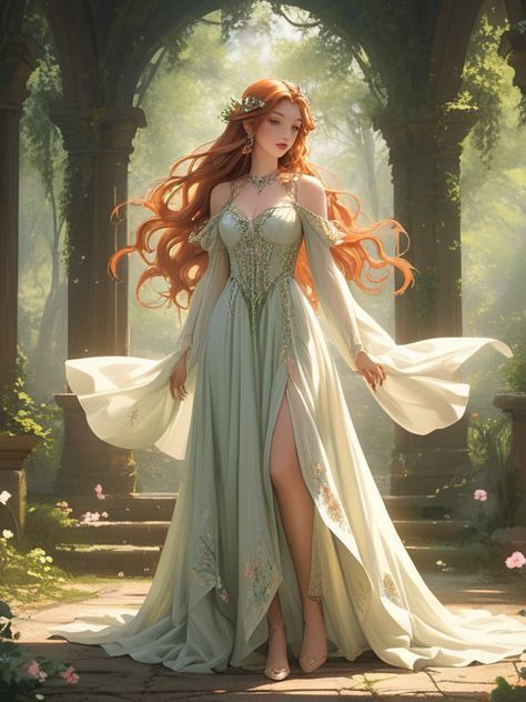 a woman with long red hair wearing a green dress standing in front of an archway