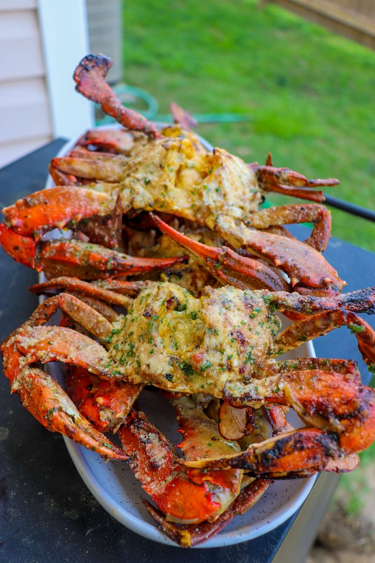 cooked lobsters on a plate with lemon and parsley sauce