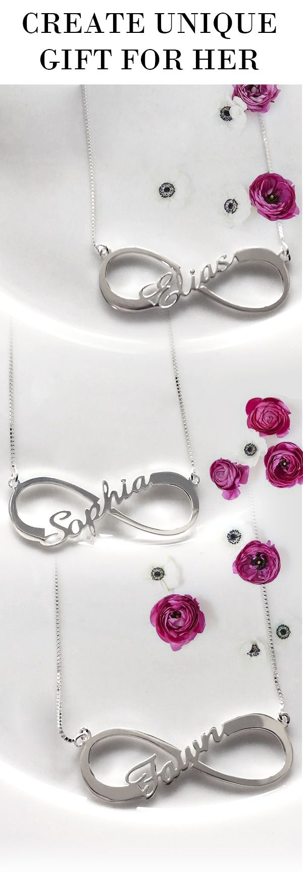 Our Personalized Single Infinity Name Necklace provides the best way for you to show off what the word "forever" means to you.  Design a Infinity necklace especially for her, Order from getnamenecklace Trendy Personalized Silver Necklaces, Trendy Adjustable Silver Name Necklace, Trendy Silver Necklaces For Personalized Gifts, Trendy Silver Necklace For Personalized Gift, Trendy Custom Name Silver Jewelry, Trendy Silver Jewelry With Custom Name, Personalized Sterling Silver Trendy Necklace, Trendy Personalized Sterling Silver Necklace, Trendy Silver Name Necklace For Mother's Day