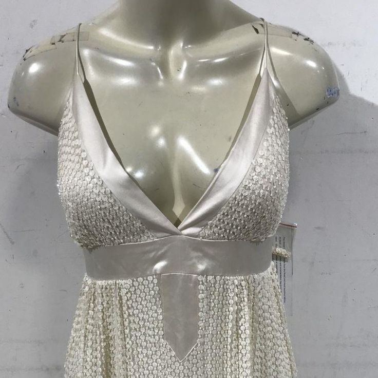 Sequin V Neck Dress Brand Aidan Mattox Size 10 Color White Condition Excellent Silk V-neck Dressy Maxi Dress, Beige Silk V-neck Dress, Feminine Silk Mini Dress With V-neck, White Sleeveless Silk Party Dress, Beige V-neck Maxi Dress For Cocktail, Glamorous Silk Maxi Dress For Summer, Cream Silk Evening Dress For Summer, Beige Silk Evening Dress For Summer, Beige Silk Dress For Summer Evenings