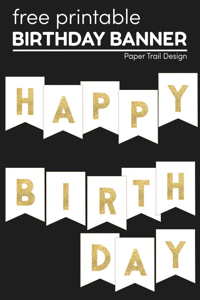 happy birthday banner with gold glitter letters and white buntings on black background for free print