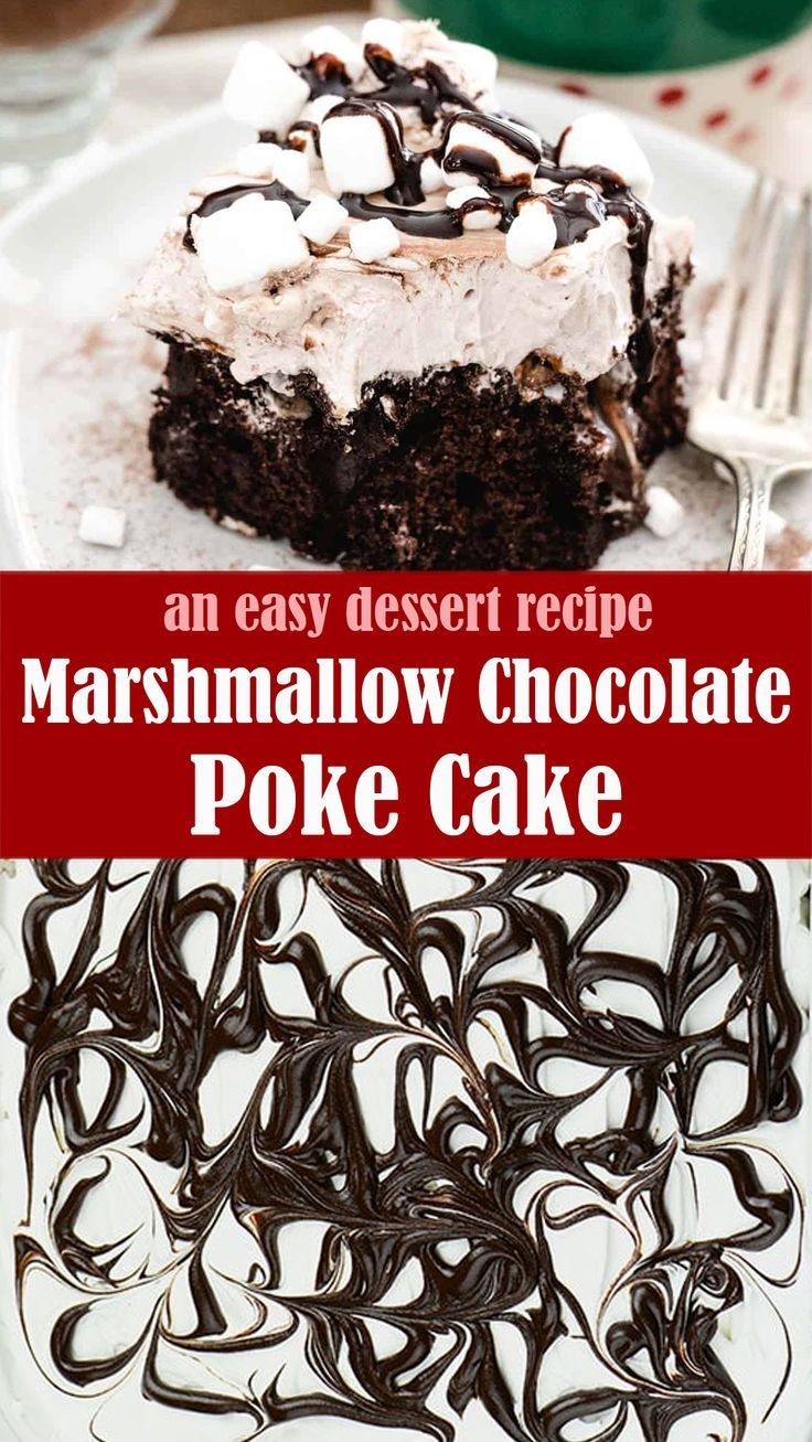 an easy dessert recipe for marshmallow chocolate poke cake on a plate with fork