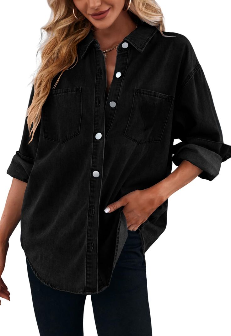 PRICES MAY VARY. Materials: This oversized jean shirts are made of lightweight and comfortable cotton and polyester, a classic denim shirt is a must-have for you. Can also be used as a swimsuit cover-up or sun protection clothing. Features: Long sleeve denim shirts for women, the jean tops is design with button down, lapel collar, functional pockets, relaxed fit style and rolled up design, provide you all day comfort while looking stylish. Occasions: Great season transition denim outerwear, suit Shirts With Black Jeans, Black Jeans With Jean Jacket, Black Button Up Outfit, Black And Denim Outfits, Denim Shirts For Women, Denim Shirt Outfit Women, Black Denim Shirt, Denim Shirt Outfit, School Street