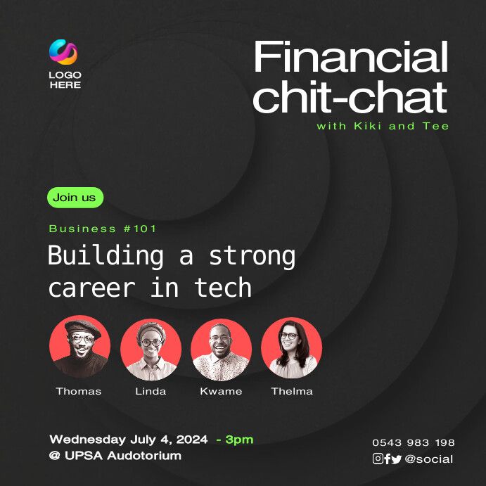 the poster for financial chit - chat with kiki and teo, featuring three people