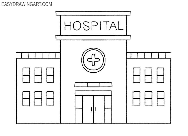 a hospital building with the word hospital on it's front and side windows, outlined in