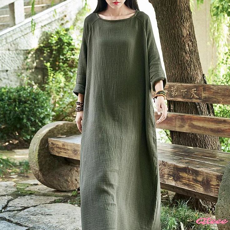 Qteee - Vintage-inspired Cotton and Linen Long-sleeved Robe Dress with Mandarin Collar Casual Green Long Sleeve Maxi Dress, Casual Half Sleeve Maxi Dress For Fall, Casual Non-stretch Crew Neck Dress, Casual Cotton Maxi Dress With 3/4 Sleeves, Casual Crew Neck Maxi Dress For Spring, Casual Short Sleeve Maxi Dress For Fall, Casual Solid Cotton Maxi Dress, Casual Long Sleeve Non-stretch Maxi Dress, Casual Green Relaxed Fit Maxi Dress