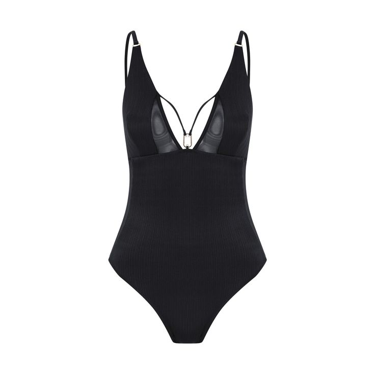 Evelyn Swimsuit, with its transparent texture at the waist and snug fit, provides a look one size slimmer. It offers a bold and sexy appearance with its front cleavage and complementary House of Silk accessories. Suitable for everyday wear. Notable for its slimming effect. Stands out with its body-shaping fit. Offers a look one size slimmer with transparent details at the waist. Features adjustable straps. Includes a House of Silk logo accessory on the bust. Completed with a gold-plated House of Sleek Nylon Bodysuit For Summer, One-piece Polyamide Swimwear For Party, Party Swimwear With Built-in Bra And V-neck, Chic Second-skin V-neck Swimwear, Chic Bodysuit With Built-in Bra For Evening, Nylon V-neck Bodysuit For Beachwear, Elegant Summer Club Swimwear, Second-skin Polyamide Bodysuit For Night Out, Elegant Triangle Top Swimwear In Polyamide