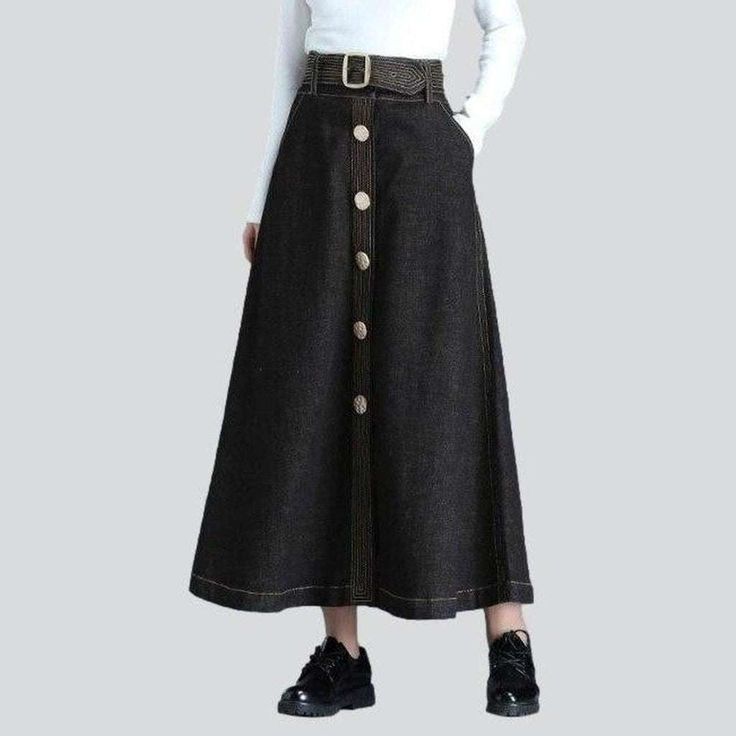 The 2023 Autumn Collection brings you a timeless conventional with a couture twist the lengthy skirt with big buttons. Step into a world of elegance and trend with this streetwear-style piece. featuring contrast stitching. fit and flare. elevated-waistline and buckle closure. Get ready to make a statement!Why You'll Love This Skirt Bold & Beautiful: Make a statement with a contrast stitching. fit and flare. high-rise and buckle closure. Every detail of this skirt oozes sophistication. Be the Sta Fall Denim Skirt With Buttons, High Rise Skirt For Fall Workwear, High Rise Skirt For Workwear, Fall Season, Fitted A-line Bottoms With Buttons, Chic Fall Skirt With Button Zip Fly, Chic Skirt With Button Zip Fly For Fall, Fall Wide Leg Skirt With Buttons, Winter Skirt With Belt Loops, A-line Fitted Bottoms With Buttons