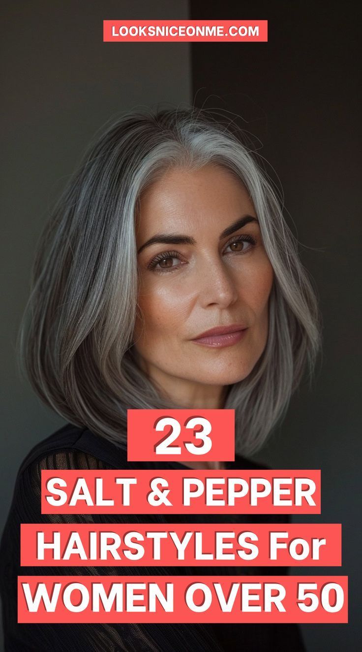 Discover the most flattering and stylish grey hairstyles for women over 50 that highlight your natural beauty. Medium Salt And Pepper Hairstyles, Silver Hair Styles For Women, Dark To Grey Hair, Salt And Pepper Hairstyles For Women, Pepper And Salt Hair, Hairstyles For Salt And Pepper Hair, Over 50 Gray Hairstyles For Women, Over 60 Grey Hairstyles For Women, Women Salt And Pepper Hair