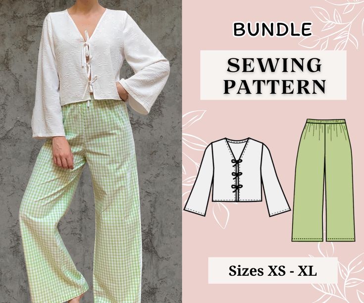 a woman wearing green pants and a white top with the words, bundle sewing pattern sizes xs - xx