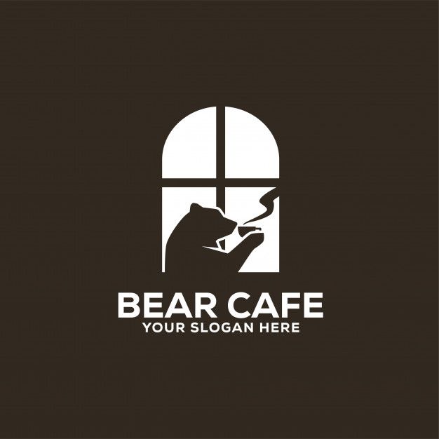 the bear cafe logo is shown in black and white with an open window behind it