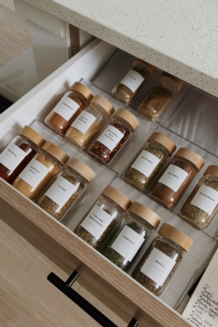 an open drawer with spices and seasonings in it