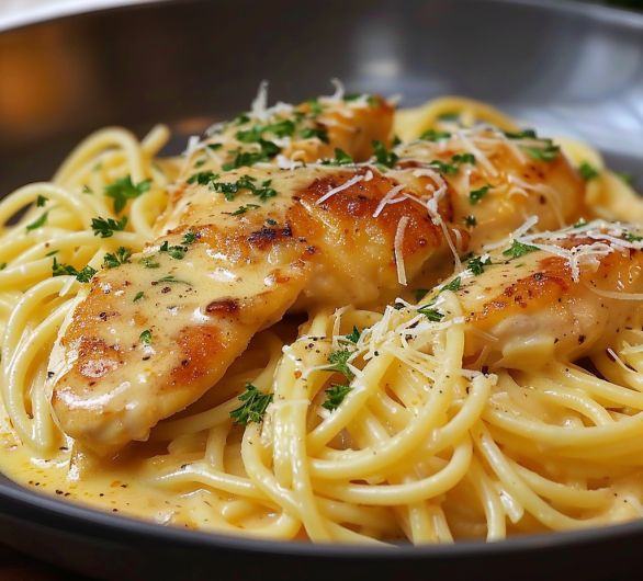 a plate of pasta with chicken and parmesan cheese on the top is ready to be eaten