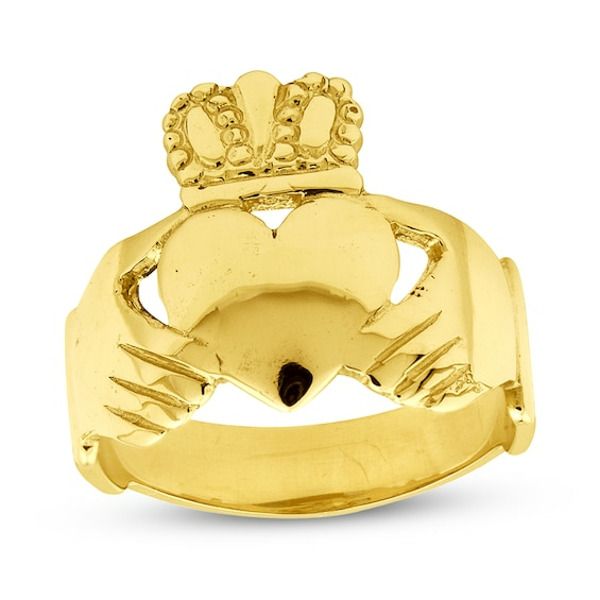 Crafted of 14K yellow gold with a high-polish finish, this lovely Claddagh ring carries a sentimental message. Tradition holds that if the crown is worn at the top, the ring is a gift of love; when given in friendship, the crown is at the bottom. Classic Yellow Gold Rings With Crown Design, Classic Gold Rings With Crown Design, 14k Gold Crown Design Diamond Ring, Gold Crown Design Diamond Ring In 14k Gold, Luxury Yellow Gold Rings With Crown Design, Gold Diamond Ring With Crown Design In 14k, Yellow Gold Crown Jewelry For Anniversary, 14k Gold Elegant Engraved Ring, Elegant 14k Gold Engraved Ring With Hallmark