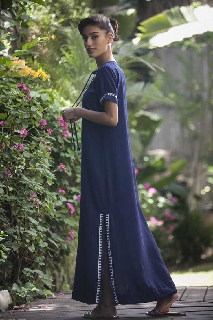 "Dark Blue Kaftan Dress, Boho Moroccan Caftan, Ethnic Embroidery Maxi Dress, Hippie Abaya Oversize Women's Dress, Plus size Long Caftan Dress This Dark Blue Caftan dress is Inspired by Moroccan Kaftan - Galabeya (or Abaya) It has an elegant Cream handmade embroidery design, can be transformed for any occasion from casual to Special Occasion, day - to - night. The Dress is made of rayon, which is very lightweight and has 2 slits on the sides. It has lots of style and presence and feels so cool an Blue Embroidered Straight Kurta Kaftan, Traditional Festival Kurta With Tassels, Bohemian Tassel Dresses For Navratri, Anarkali Dress With Tassels For Navratri, Navratri Anarkali Dress With Tassels, Bohemian Tasseled Kurta For Eid, Bohemian Kurta With Tassels For Eid, Anarkali Kaftan With Chikankari Embroidery, Blue Anarkali Embroidered Maxi Dress