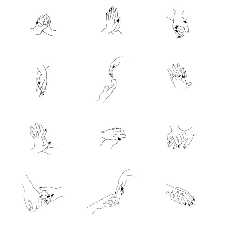 hand gestures drawn in black and white on a white background, each with different hands