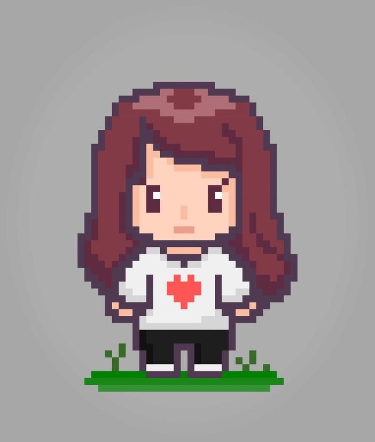 pixel art girl with red heart on her shirt and black pants, standing in the grass