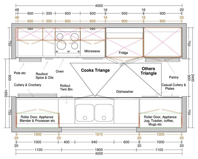 the floor plan for a tiny kitchen with two sinks and an overhead sink area,