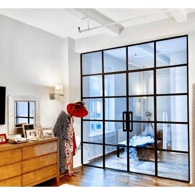 iwd-black-iron-french-double-door-interior-no-threshold-cifd-in011-4-lite-glass-square-transom-double-sidelights French Double Doors, Steel French Doors, Glass Partition Wall, Partition Door, Glass Room Divider, Double Doors Interior, Glass Doors Interior, Glass Partition, Partition Design