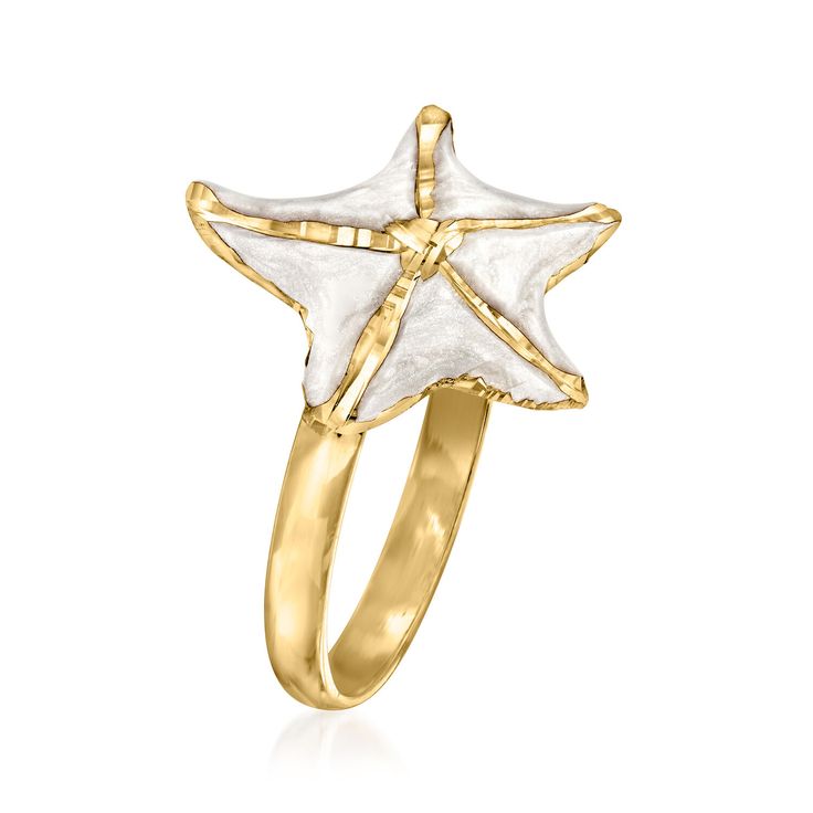 Ross-Simons - Italian White Enamel Starfish Ring in 14kt Yellow Gold. Size 6. From Italy, this charming 14kt yellow gold starfish ring comes to life with sparkly white enamel. Perfect for beach lovers and those with an affinity for sea life, the starfish also represents the resilient ability to revive and recreate one's self time and again. Diamond-cut and polished finishes. 5/8" wide. White enamel starfish ring. Lolo Summer, Ocean-inspired White Star Jewelry, Ocean-inspired White Star-shaped Jewelry, White Star-shaped Ocean-inspired Jewelry, White Star-shaped 14k Gold Jewelry, Gold Jewelry With Starfish Charm, Blue Jewlery, White Ocean-inspired Jewelry With Starfish Charm, Yellow Gold Starfish Charm Jewelry For Beach