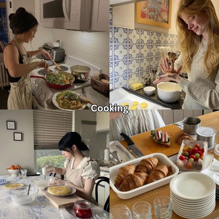 two women are preparing food in the kitchen while another woman is on the counter with plates and bowls