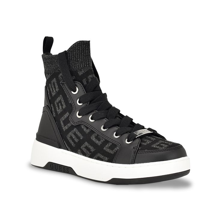 Guess-Mannen Sneaker Set the fashion bar high when you go out in the Mannen sneaker by Guess. The high-top sneaker has a comfortable knit fabric upper sporting a repeat signature text that looks iconic. An EVA footbed and rubber sole support every step. Sporty Fall Sneakers For Streetwear, Sporty Streetwear Sneakers For Fall, Streetwear High-top Sneakers With Logo, Modern Lace-up High-top Sneakers With Logo, Casual High-top Sneakers With Textured Sole For Winter, Casual Winter High-top Sneakers With Textured Sole, Black Sporty High-top Sneakers With Logo, Modern High-top Sneakers With Logo Print, Modern High-top Sneakers With Logo For Streetwear