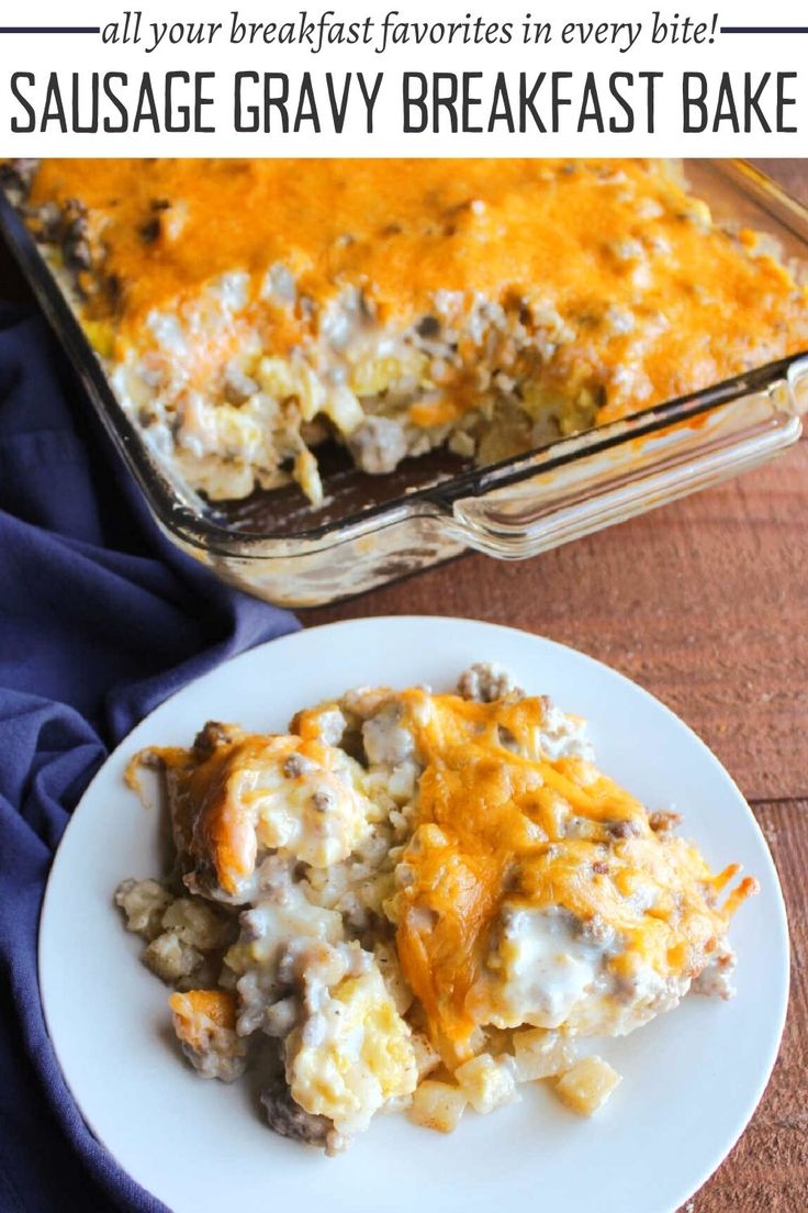 a white plate topped with breakfast casserole next to a glass dish filled with eggs