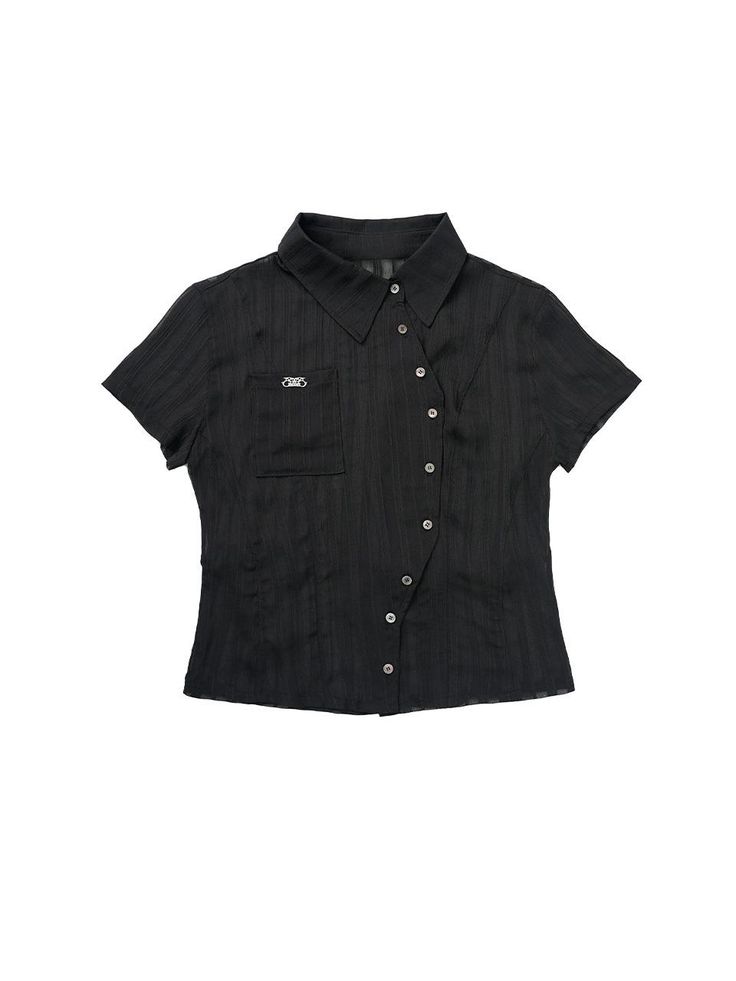 Composition : P100Country of Origin : Republic of Korea Fitted Black Button-up Short Sleeve Shirt, Fitted Black Short Sleeve Button-up Shirt, Classic Fitted Black Short Sleeve Shirt, Black Short Sleeve Top For Office, Black Short Sleeve Top For Formal Occasions, Black Formal Short Sleeve Tops, Formal Black Short Sleeve Top, Elegant Black Short Sleeve Shirt, Chic Black Collared Top