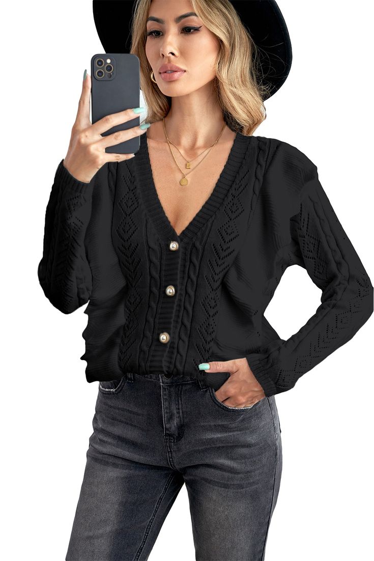 Black Ruffled Buttoned Open Front Knitted Sweater Chic Acrylic Fall Cardigan, Chic Fall Cardigan, Black V-neck Acrylic Sweater, Chic Fitted Acrylic Sweater, Black Acrylic Outerwear For Fall, Winter Black Acrylic Cardigan, Elegant Spring Acrylic Sweater, Trendy Black Acrylic Cardigan, Black Textured Knit Winter Cardigan