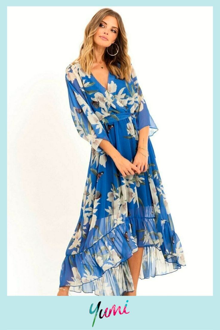 Get season ready with Yumi this summer and shop our amazing range of womens dresses in all styles! Check out this Floral Print Kimono Midi Wrap Dress in Blue! Summer Dresses With Ruffle Hem And 3/4 Sleeves, Summer Dress With Ruffle Hem And 3/4 Sleeves, Spring V-neck Dress With Layered Hem, Summer Long Sleeve Tiered Dress With Ruffle Hem, V-neck Summer Dress With Layered Hem, Summer V-neck Dress With Layered Hem, Spring Midi Dress With Ruffle And High-low Hem, Long Sleeve Tiered Dress With Ruffle Hem For Summer, V-neck Dress With Layered Hem For Summer