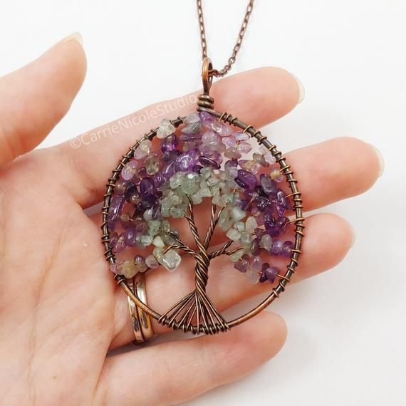 Celtic Tree of Life Necklace / Purple Amethyst / Green Aventurine / Copper Wire Wrapped Tree Pendant Nature-inspired Gemstone Beaded Necklace As Gift, Bohemian Amethyst Birthstone Necklace, Handmade Aventurine Round Necklaces, Handmade Lavender Crystal Necklaces Gift, Handmade Lavender Crystal Necklace Gift, Spiritual Fluorite Jewelry As Gift, Bohemian Round Aventurine Jewelry, Handmade Aventurine Pendant Jewelry, Lavender Handmade Necklace For Meditation