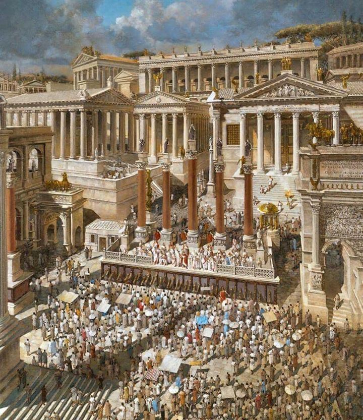 a painting of people gathered in front of an ancient building with columns and pillars on the sides