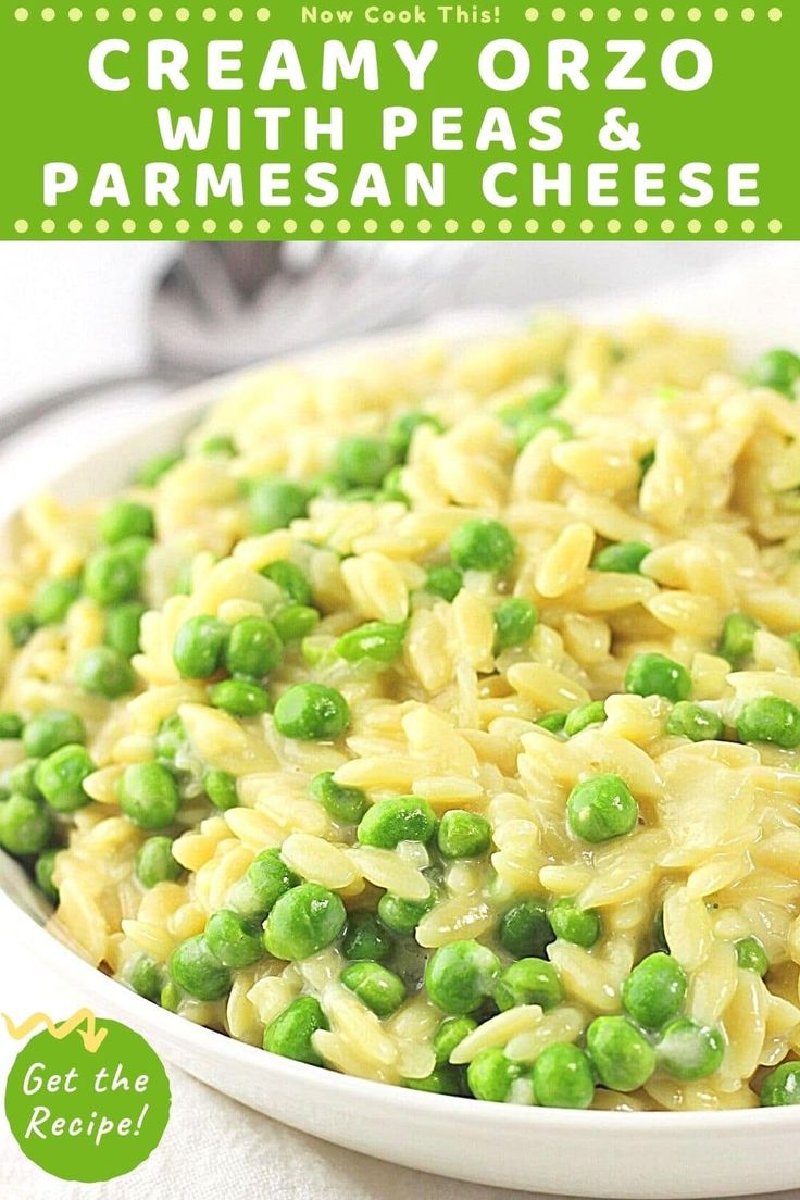 creamy orzo with peas and parmesan cheese in a white bowl on a table