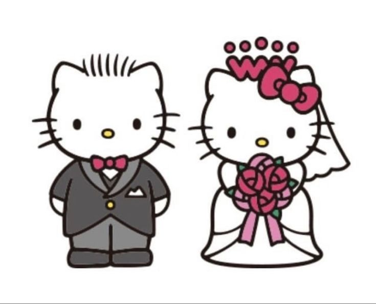 hello kitty and groom are standing next to each other with flowers in their hair,