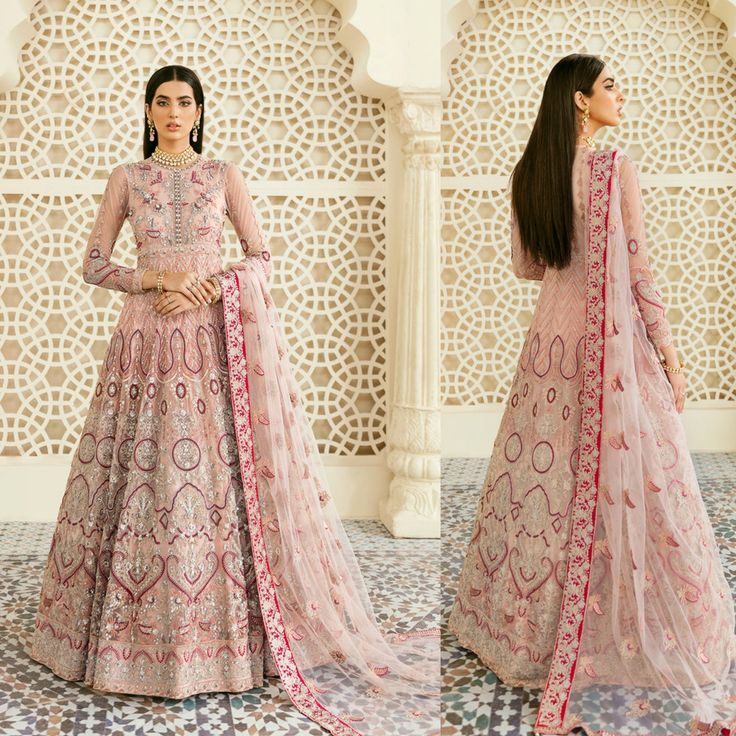 "It seems like, the word \"Breathtaking\" is only made for this dress as well as the view. One's aesthetic sense is challenged and no one can deny how enchanting and stunning this dress is. The color combination with the embroidery pattern is heavenly gorgeous. This magnificent dress is only an example of beauty." Floor-length Wedding Dress For Eid Reception, Organza Gown With Dabka Work In Maxi Length, Embroidered Maxi-length Salwar Kameez For Wedding, Embroidered Maxi Length Salwar Kameez For Wedding, Embroidered Maxi Length Anarkali Set For Wedding, Floor-length Wedding Dress For Eid, Intricately Embroidered Maxi Length Sharara For Wedding, Organza Maxi Length Sharara For Wedding, Organza Sharara For Wedding In Maxi Length