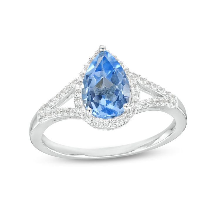 Bring sparkle and sophisticated style to any look when you wear this pear-shaped white lab-created sapphire frame split shank ring in silver. Fashioned in sterling silver This choice features a 9.0 x 6.0mm pear-shaped shimmering white lab-created sapphire at the center. Dainty white lab-created sapphires line the halo frame and the ribbons of the split shank to complete this sparkling design. White sapphire is the modern birthstone for April. Teardrop Rings With Diamond Accents, Teardrop Gemstone Ring For Formal Occasions, Classic Pear-shaped Topaz Ring For Formal Occasions, Classic Formal Pear-shaped Topaz Ring, Formal Pear-shaped Topaz Ring Fine Jewelry, Fine Jewelry Pear-shaped Topaz Ring For Anniversary, Pear-shaped Topaz Ring For Anniversary, Fine Jewelry, Elegant Teardrop Diamond Ring With Accent Stones, Pear-shaped Topaz Ring For Anniversary