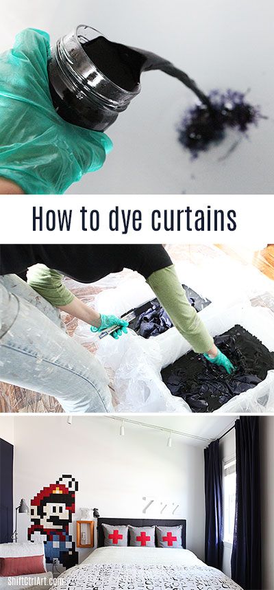 there are two pictures that show how to dye curtains in the bedroom and on the bed