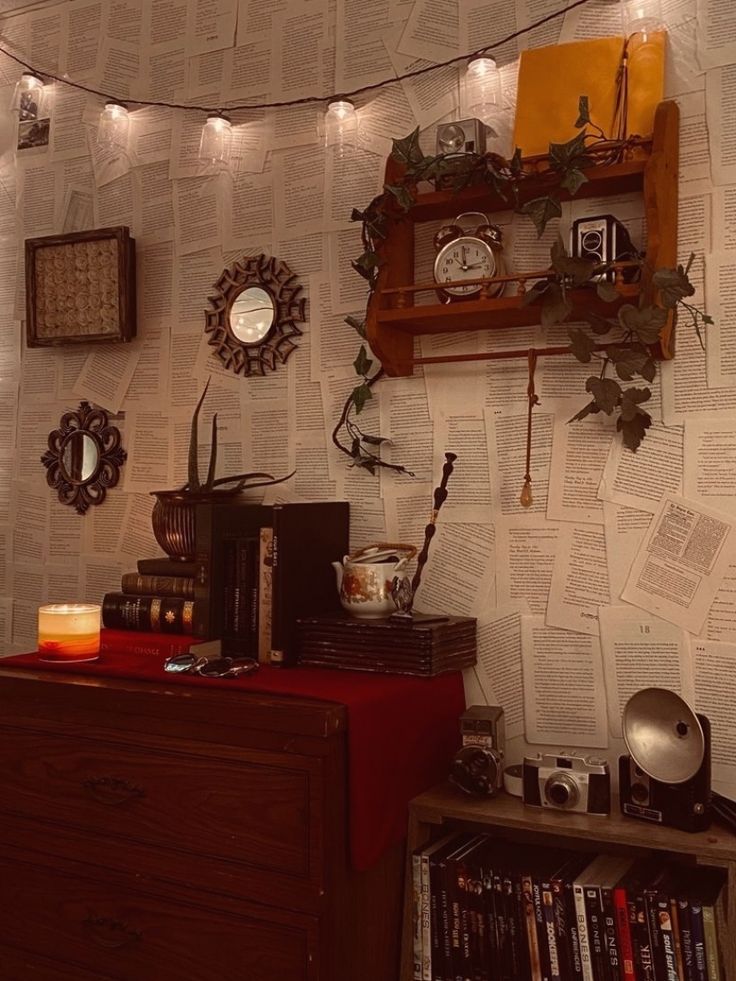 a room with many books and decorations on the wall, including an old fashioned clock