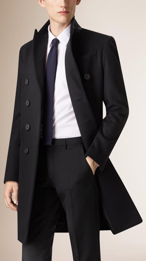 BURBERRY Designer Wool Coat With Double Button For Business, Designer Double Button Pea Coat For Business, Luxury Double-breasted Pea Coat With Lapel Collar, Designer Wool Coat With Double Button And Lapel Collar, Designer Formal Pea Coat With Double Button Closure, Formal Double-breasted Pea Coat With Concealed Placket, Designer Wool Double-breasted Pea Coat, Luxury Tailored Black Wool Coat, Luxury Black Pea Coat With Notch Lapel