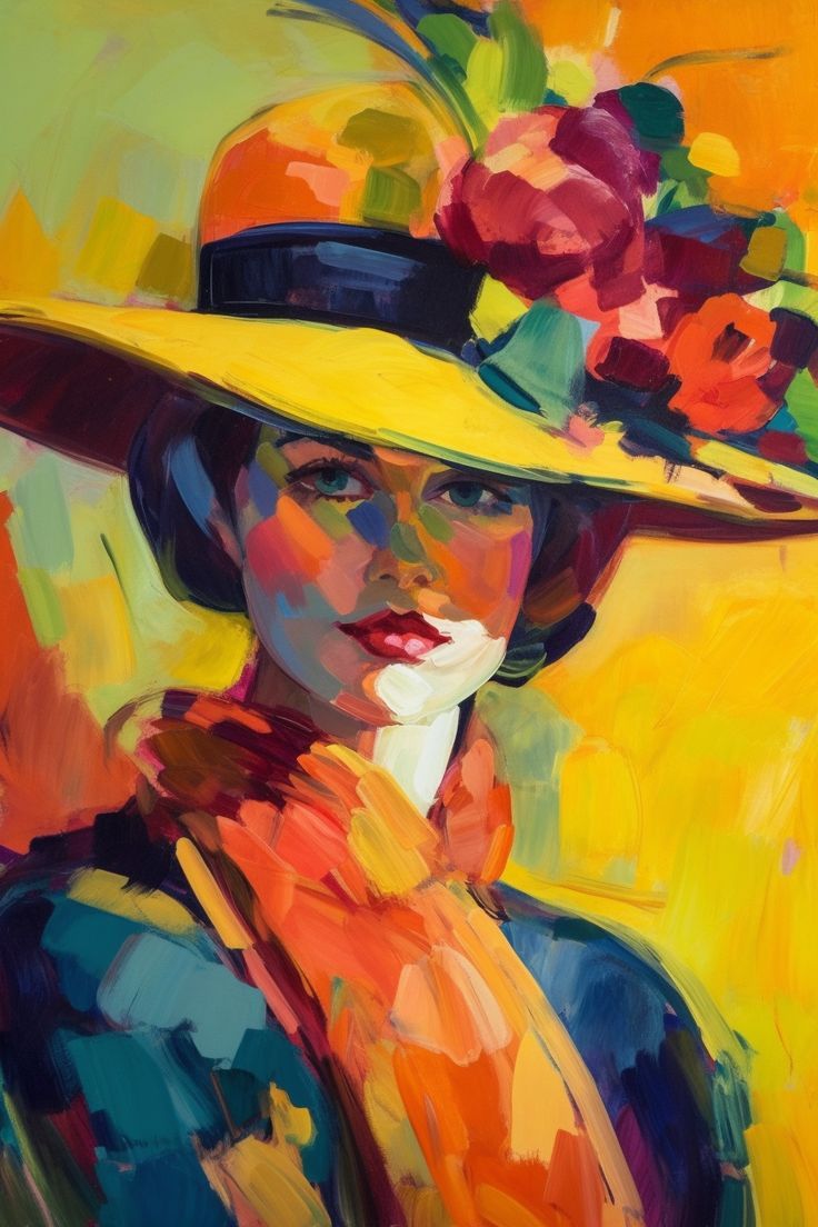 a painting of a woman wearing a yellow hat with flowers on it's brim