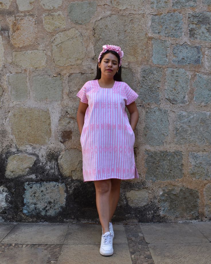 Hand made huipil from Oaxaca, 100% back strap loom weaving 100% cotton Measures:  Width:  47 inches/ 120 cm     (all around)  Lenght:35 inches /89 cm  check all the dresses avaiable for custom made here  https://www.etsy.com/mx/shop/LeatherHandsMexico?ref=seller-platform-mcnav&section_id=33854514 check all the dresses available to ship now here https://www.etsy.com/mx/shop/LeatherHandsMexico?ref=seller-platform-mcnav&section_id=33857535 purchase your belt here  https://www.etsy.com/mx/shop/Leath Casual Festival Dress With Natural Dye, Pink Bohemian Relaxed Fit Dress, Pink Bohemian Dress With Relaxed Fit, Bohemian Style Relaxed Fit Pink Dress, Beach Dresses With Natural Dye And Relaxed Fit, Beach Dresses In Natural Dye With Relaxed Fit, Beach Dresses With Natural Dye In Relaxed Fit, Relaxed Fit Short Sleeve Beach Dress, Natural Dye Summer Dresses